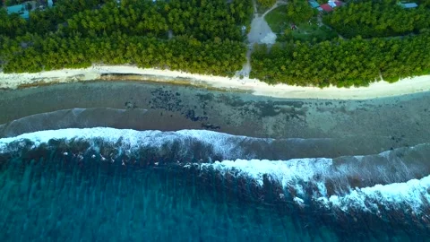Birds eye view of the ocean waves crashing in to the tropical palm beach in Fuva Stock-Footage 136901085