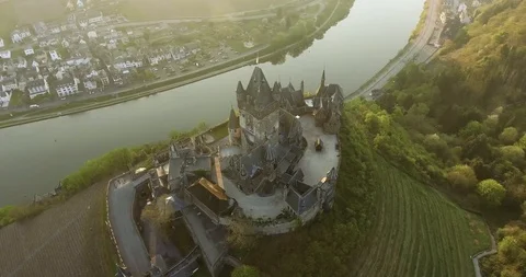 Birds eye view over the castle of Cochem and the Mosel Stock Footage 89651508