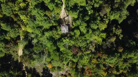 Bird's Eye View Over Devils Knob Lookout Tower And Surrounding Forests In Video stock 328071484