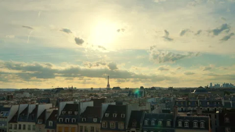 Bird's eye view of Parisian rooftops at sunset Stock Footage 246485302