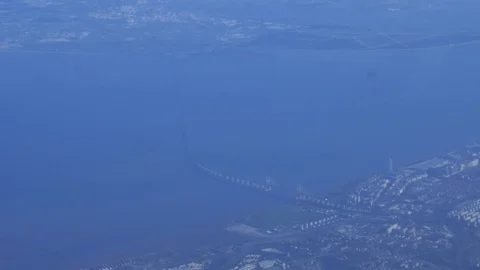 Bird's eye view of Ponte Vasco da Gama Bridge on Tagus River, Lisbon, Portugal Stock Footage 103154476