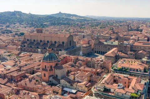 Birds eye view of red rooftops of Bologna, Italy from above. Stock Photos