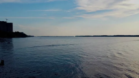 Bird's-eye view of the river, horizon, boat on the water Stock Footage 134481950