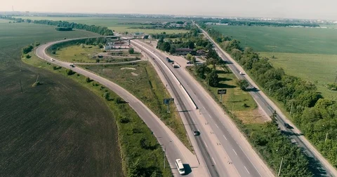 From a bird's-eye view, road junction, trail E95 Stock Footage 91539980
