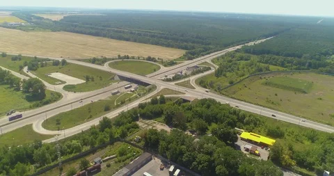 From a bird's-eye view, road junction, trail E95 Stock Footage 96525089