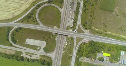 From a bird's-eye view, road junction, trail E95 Stock Footage 96525296