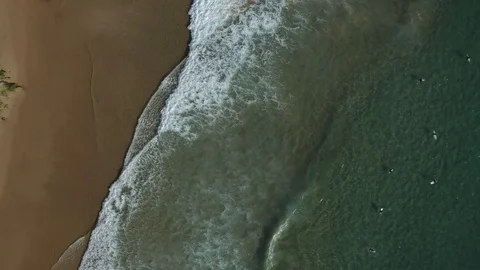 Birds Eye View Of Sandy Beach and North Atlantic Ocean With Surfers Stock Footage 128842323