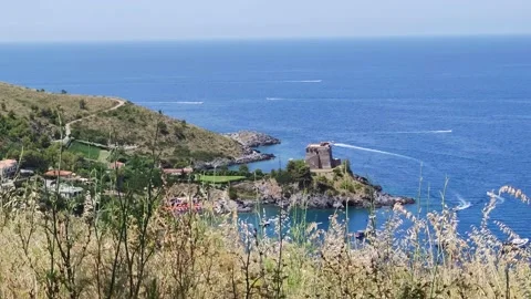 Bird's Eye View Shot of an Old Castle with a Bay, Boats in Calabria. Stock Footage 202338820