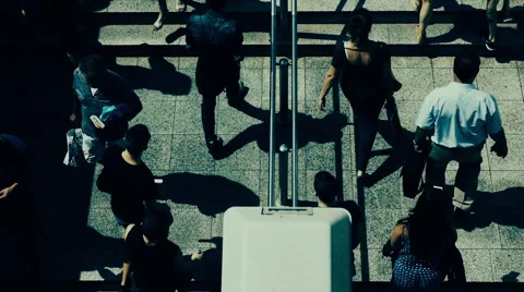 Birds eye view slow motion people walking steps to underground entrance Video stock 54520523