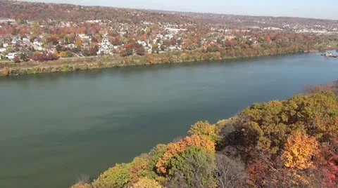 Birds eye view of small town and river Stock Footage 12732744