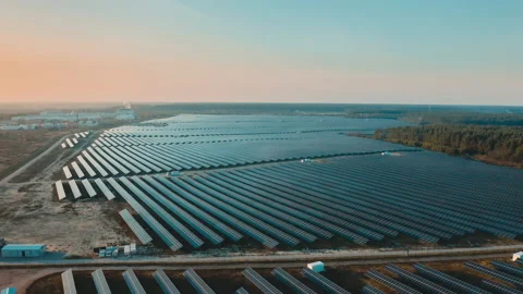 Bird's eye view of solar panel systems in a field. Stock Footage 231646397