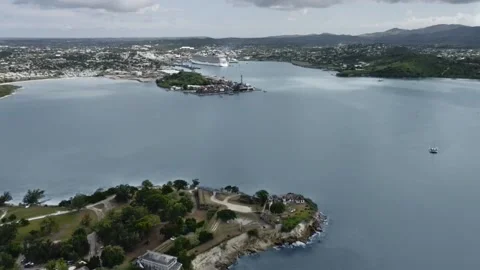 Bird's-eye view of St. John's city, Fort James ruins on a peninsula Video stock 135568394