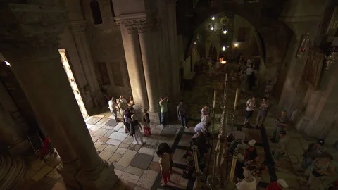 Bird's Eye view of the Stone of Anointing in the Church of the Holy Sepulchre Stock Footage 86759128