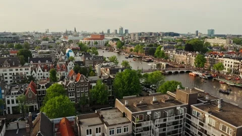Bird's eye view of the streets of old city of Amsterdam with traditional houses Stock Footage 205531306