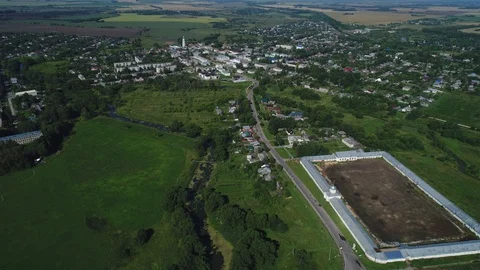 Bird's eye view of the stud farm and Gavrilov Poasad, Ivanovo region, Russia Stock Footage 102169393