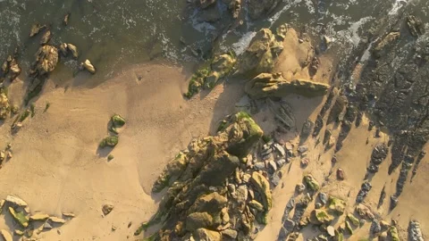 Bird's eye view of Sunset on the Ocean and wild beach Stock Footage 195847431