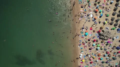 Birds eye view top down of people sunbathing on crowded beach on summer day Stock Footage 247445706