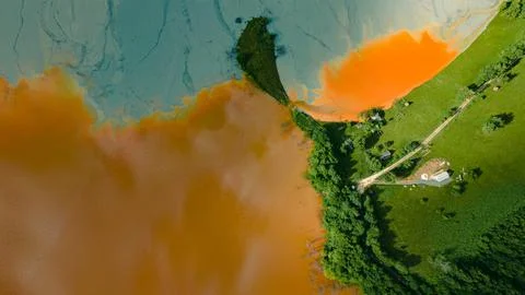 Birds eye view of toxic lake at Rosia Montana, Romania Stock Photos