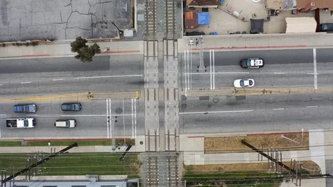 Birds eye view of train crossing from drone Video stock 121682474