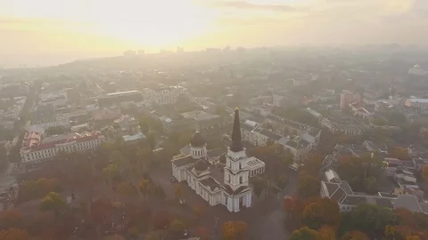 Birds eye view of Transfiguration Cathedral and Odessa city center Stock Footage 108197449