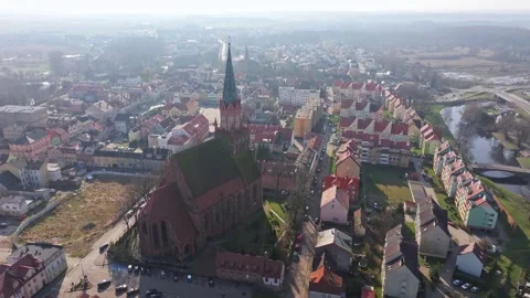 Bird’s-Eye View on Trzebiatów’s Gothic Church and Market Square Stock Footage 290194669