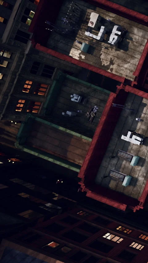 Birds eye view of urban rooftops with visible structures and people Stock Footage 343155983