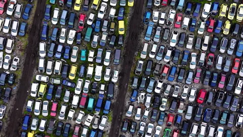 Bird's eye view of vehicle graveyard, Bulgaria Stock Footage 340409455