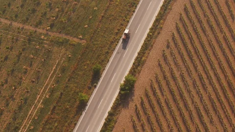Birds eye view view of a tractor driving trough wine yards in La Rioja, Spain Stock Footage 97981064