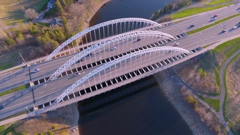A bird's eye view of the Vimy Memorial Bridge in Ottawa Canada Stock Footage 274092078