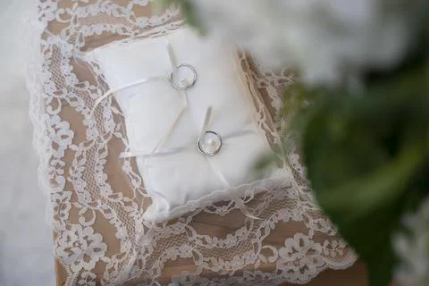 Bird's-eye view of wedding ring pillow Stock Photos