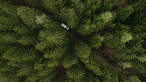 Bird’s eye view, white van passing through curved road in Liezen in Stock Footage 158903789