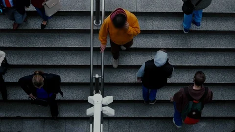 Birds Eye View,Anonymous Crowd Of People Walk Subway underpass 150p Slow Motion, Stock Footage