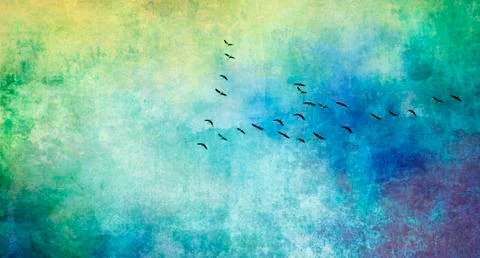 Birds in flight formation on textured background Illustrazione stock