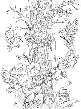 Birds with floral elements Stock Illustration