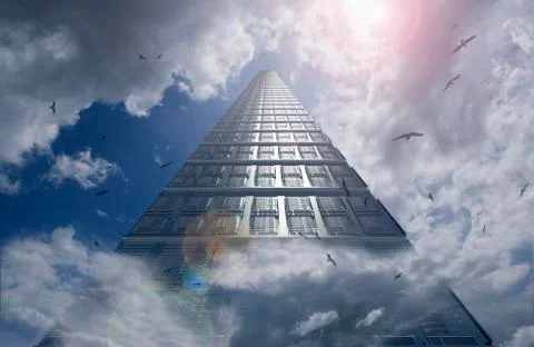 Birds flying around computer server in clouds 스톡 사진