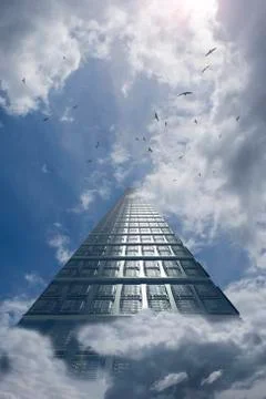 Birds flying around computer server in clouds Foto stock