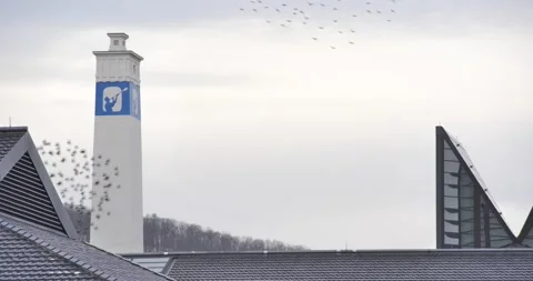Birds flying around Corning Inc and Little Joe Tower Stock Footage 229426599