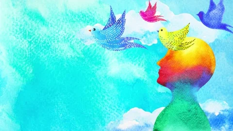 Birds flying in blue sky abstract art mind mental health spiritual healing human Stock Footage
