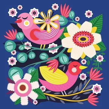 Birds in the forest, geometric shape style background Stock Illustration