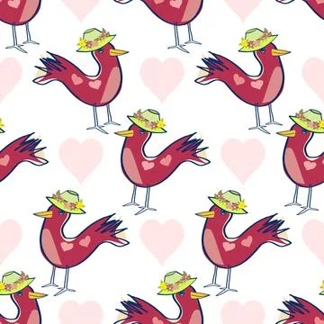 Birds In Hats Vector Repeat Pattern 스톡 일러스트