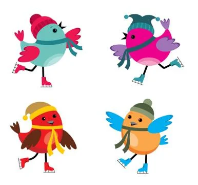 Birds on ice skates Stock Illustration