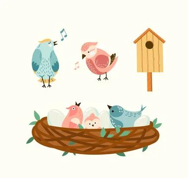 Birds illustrations set. Vector singing birds in the nest with eggs and chick Stock Illustration