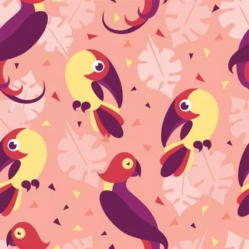 Birds in jungle pattern seamless. Exotic creative tropical bird toucan Stock Illustration