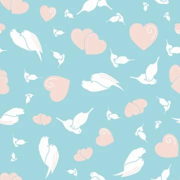 Birds in love seamless vector pattern in blue pink and white Stock Illustration