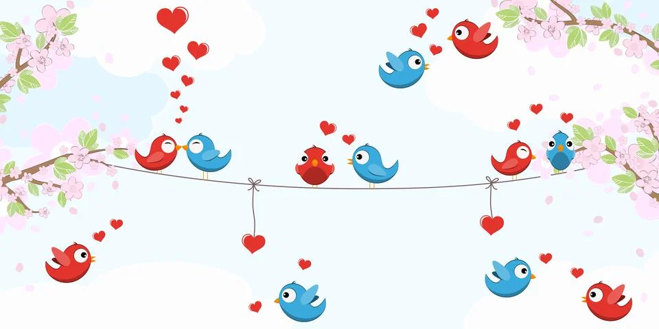 Birds in love on strings Stock Illustration