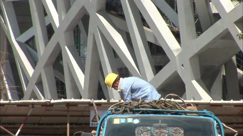Birds Nest construction worker, Beijing Stock Footage 56591847