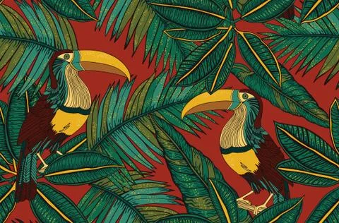 Birds of paradise and tropical leaves Stock Illustration