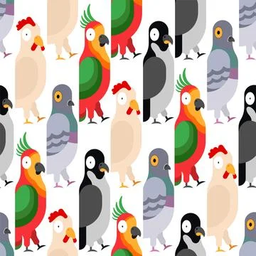 Birds pattern seamless. funny Rooster and penguin background. Pigeon and pa.. Stock Illustration
