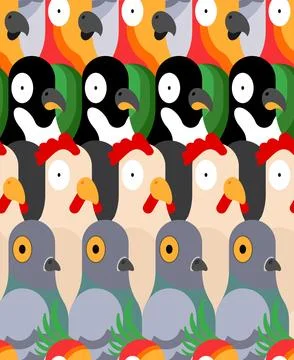 Birds pattern seamless. funny Rooster and penguin background. Pigeon and pa.. Stock Illustration