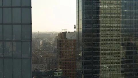 Birds playing and flying beyween skyscrappers in Warsaw Stock Footage 89665641